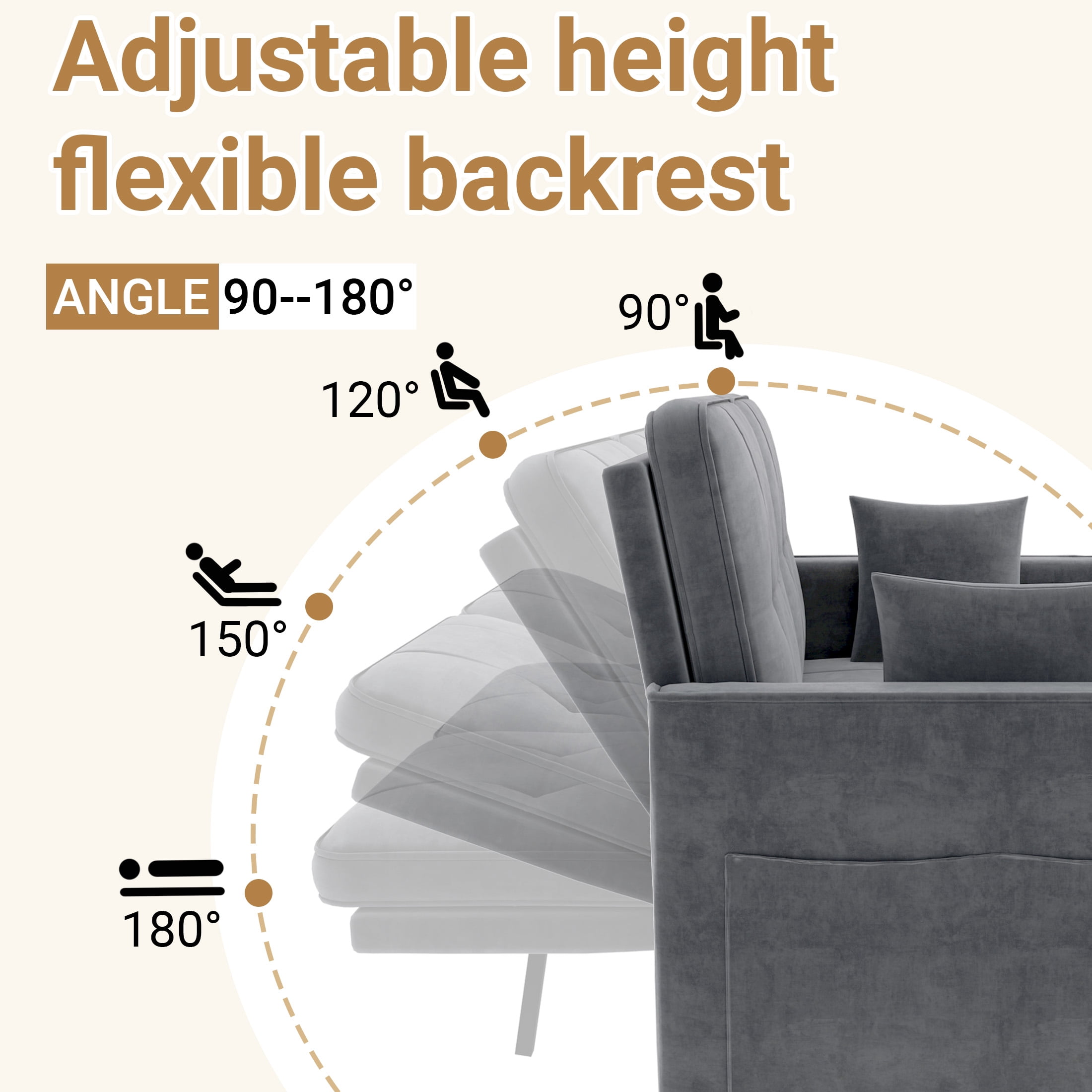 Convertible Sofa Bed,3-in-1 Sleeper Sofa with Pull Out Bed,Velvet Couch with Adjsutable Backrest and 2 Pillows for Living Room,Gray