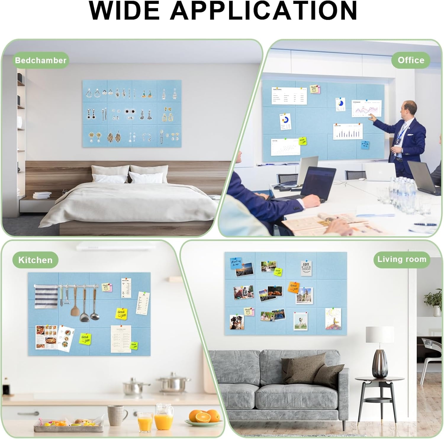 12 Pack Large Cork Board Topboutique Felt Board Tiles Soundproof Wall Tiles with Self Adhesive Stickers & Pushpins Bulletin Board Wall Tiles Pin Boards for Home Office, 12" x 12", Blue