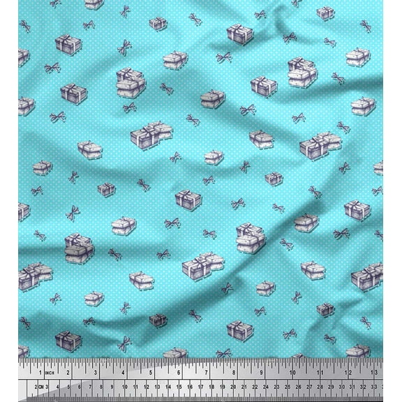Soimoi Blue Cotton Voile Fabric Ribbon & Gift Box Party Print Fabric by the Yard 42 Inch Wide