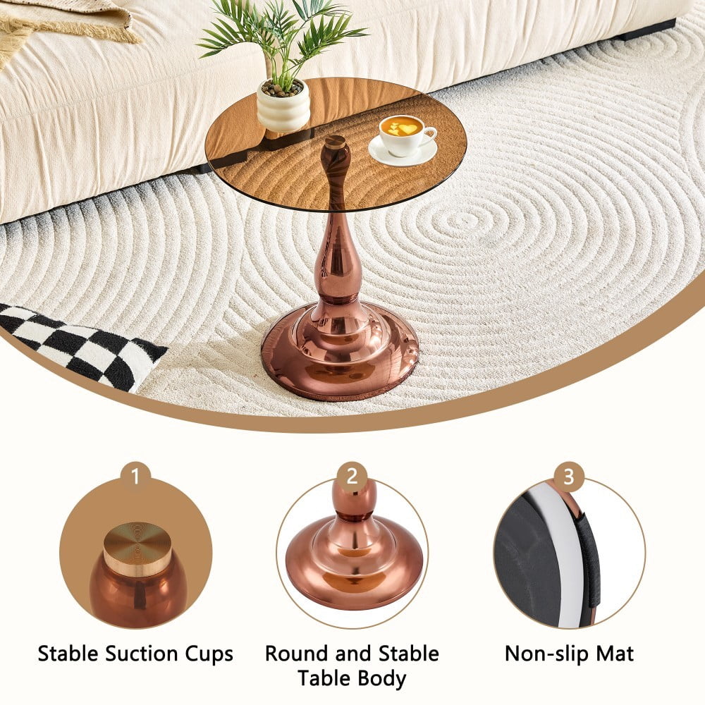 19.6" Round Side Table, Amber Tempered Glass Top with Rose Gold Metal Base, Modern End Table, Nightstand, Sofa Table for Living Room Bedroom