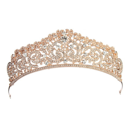 LuckyFine Rose Gold Crystal Bridal Princess Queen Crown And Tiara Hairband for Wedding Party Pageant