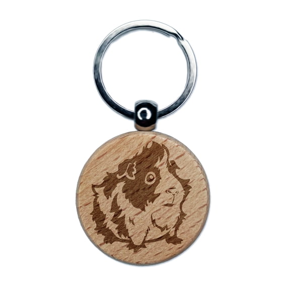 Cute and Hairy Abyssinian Guinea Pig Round Keychain Charm Tag - Engraved Wood