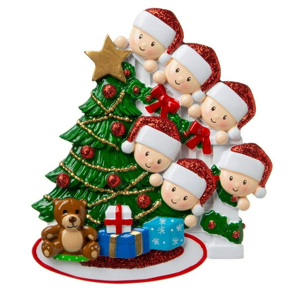 Personalized Happy Family Bannister Peeking Family Christmas Tree Ornament Present Gift Christmas Morning-Free Personalized (Family of 6)