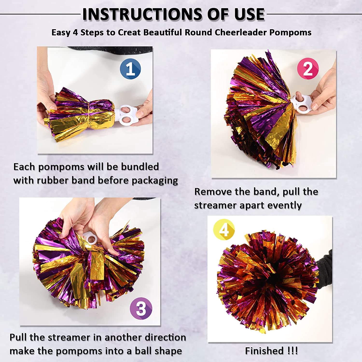 LINLIN 12Pcs Cheerleading Pom Poms for Kids, Metallic Foil & Plastic Ring Cheer Pom Poms Girls School Game, Dance, Matches, Team Spirit Sports, Stage Performance, Carnival Celebration