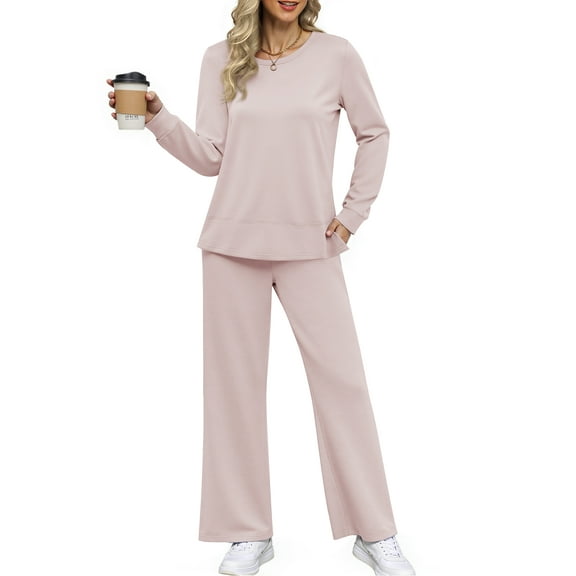 MOSHU Two Piece Sets for Women Casual Fall Outfits Sets Slit Side Stiching Tops and Wide Leg Pants with Pockets Trendy Cozy Tracksuits