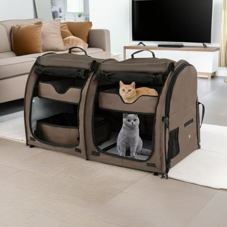 Pefilos 40  Portable Twin Compartment Show House Cat Cage/Condo  Fold Kennel Dog Travel Crate with Carry Bag  2 Removable Hammocks and Collapsible Litter Box  Brown