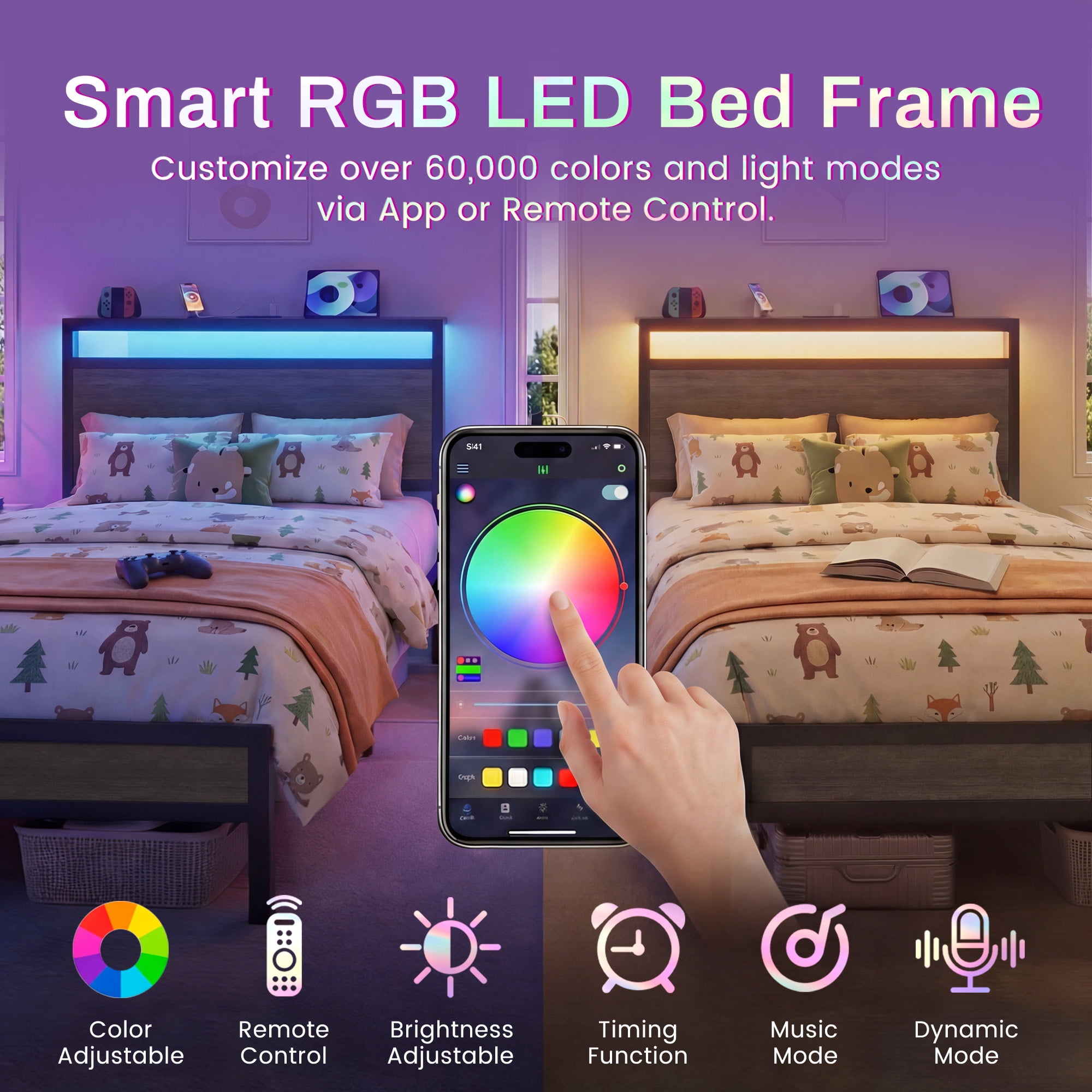 Bolvdo Twin Size Bed Frame with Headboard & Footboard, LED Light & Charging Station, Under-Bed Storage, Noise-Free, No Box Spring Needed, Easy Assembly, Rustic Gray