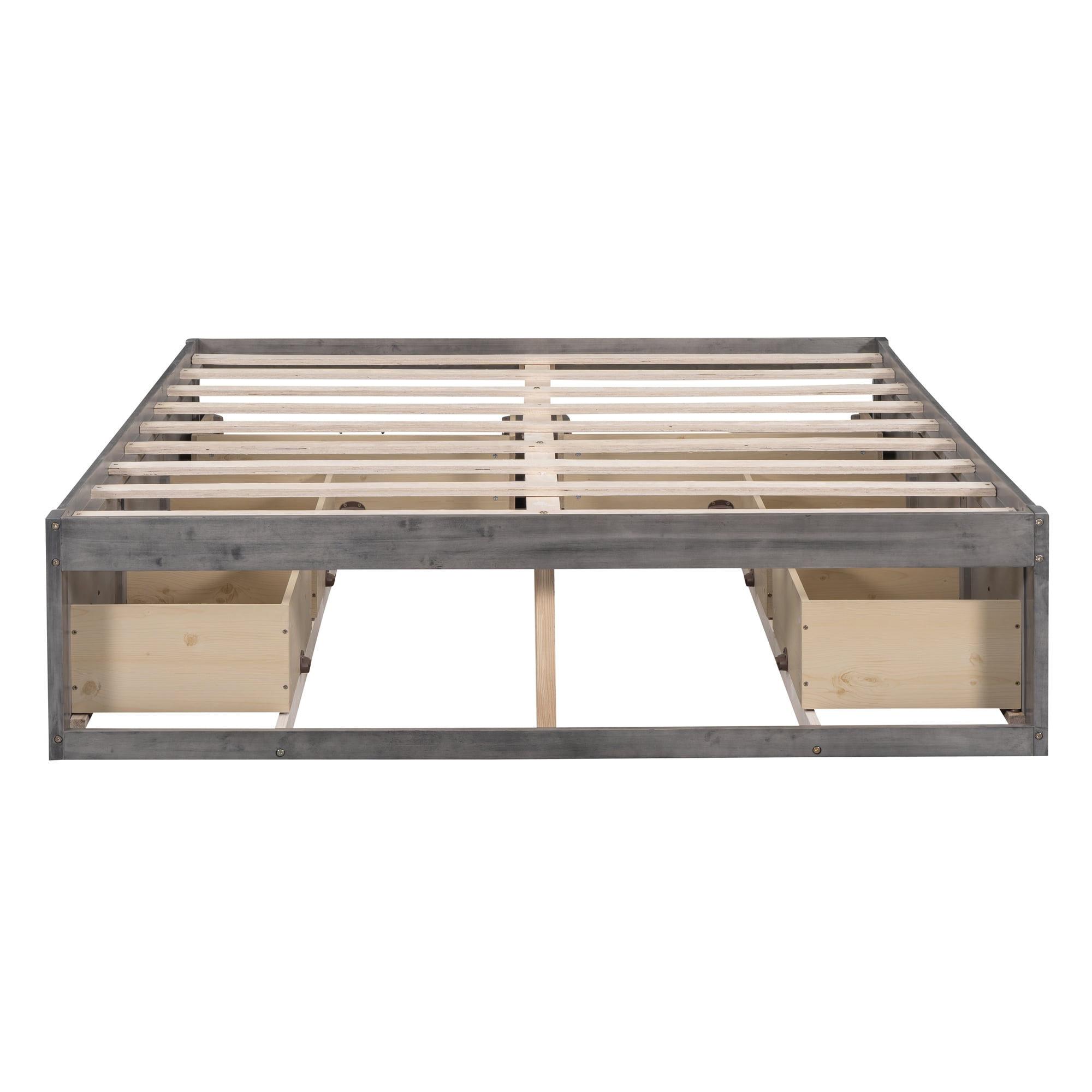Euroco Wood Queen Size Platform Bed with 6 Drawers for Kids Teens Adults, Antique Gray