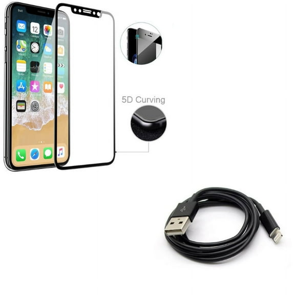 iPhone XS/X - Tempered Glass Screen Protector w Charger Cord 6ft USB Cable - 5D Touch Curved Edge Full Cover Bubble Free Case Friendly 9H Hardness, Power Wire Long Sync Fast Charge Data