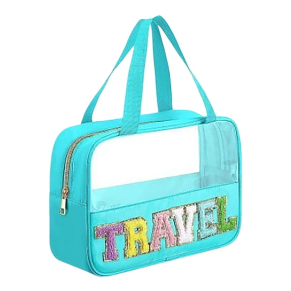 Large Clear Travel Cosmetic Bags Stylish Letter Patch & Nylon Makeup Storage with Zipper and Handle Practical Toiletry Organizer for Women & Girls