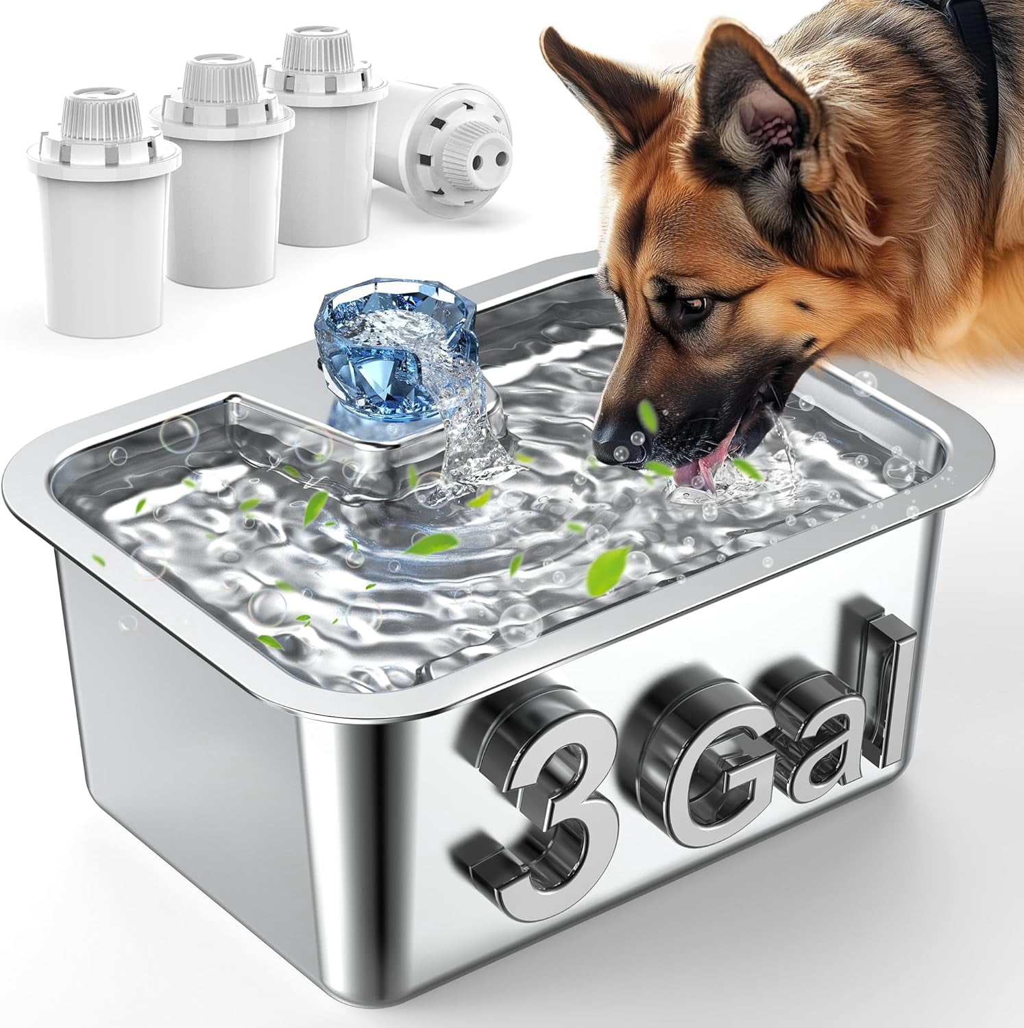 Dog Water Fountain for Large Dogs, 11L/3Galon Stainless Steel Large Pet Water Fountain with 4 Filters, Automatic Dog Water Bowl Dispenser, Ultra-Quiet Pump, Ideal for Multi-Pet Home
