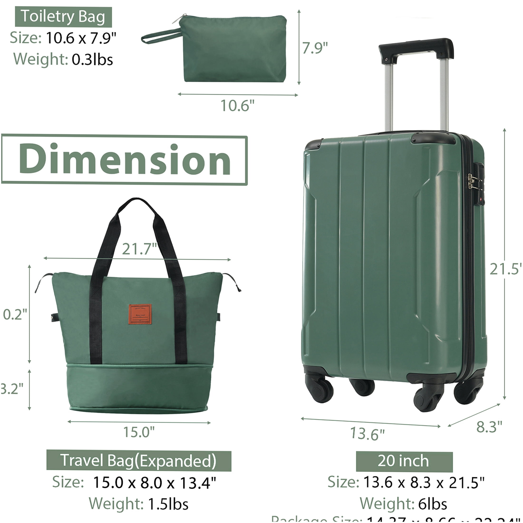 JERFIT 3-Piece Green Hardshell Spinner Luggage Set, 20 Inch Carry On ABS Suitcase with TSA Lock, Weekender Duffel & Toiletry Bag for Air Travel
