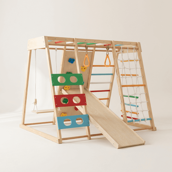 Wooden Climbing Playset for Kids, Slide and Climb Set with Swing, Climbing Net, Climbing Wall, Monkey Bars and Gym Rings, Freestanding Playground Set, Wood