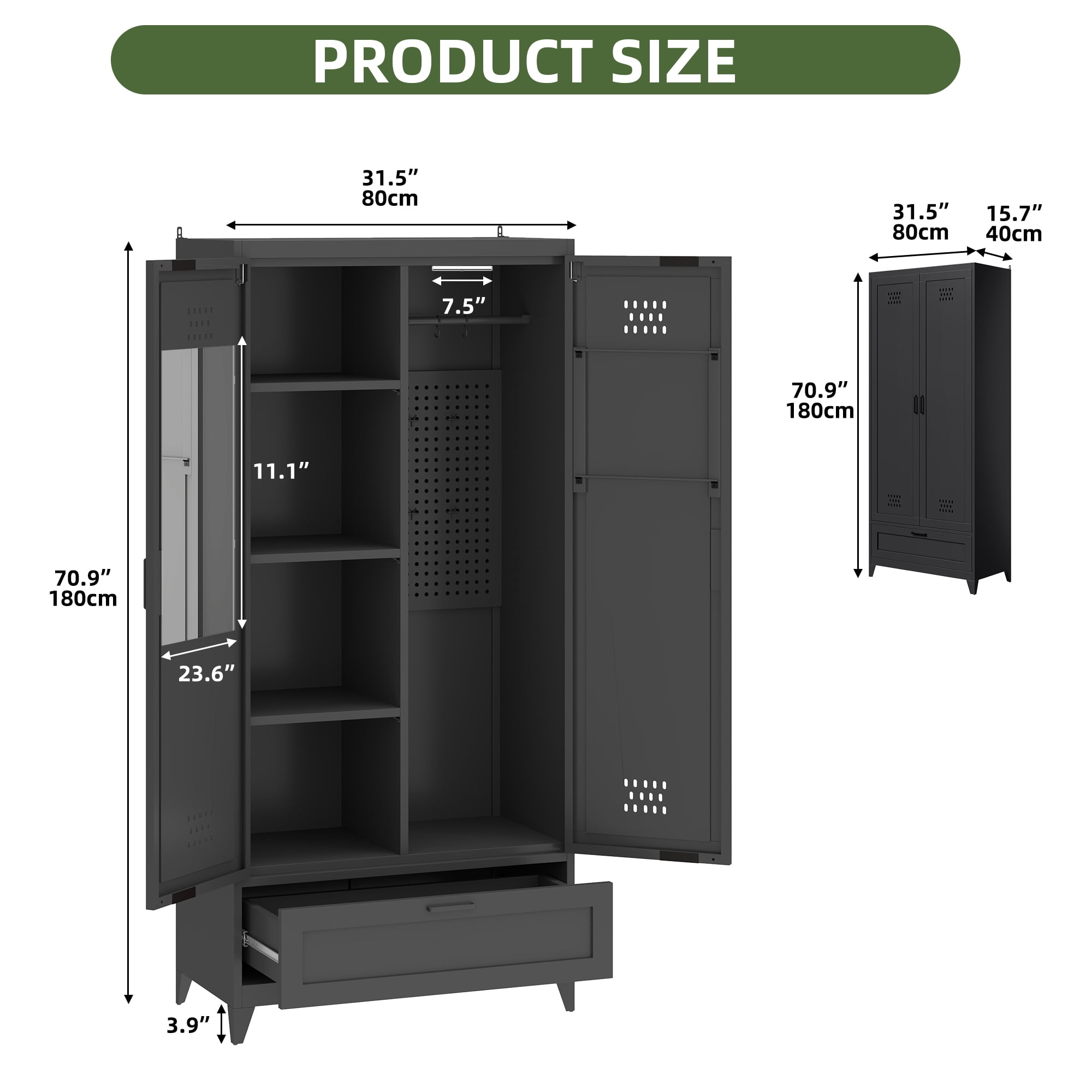 Uforic 70.9" Garage Storage Cabinet with Doors & Shelves, Metal Cabinet with Lights, Black