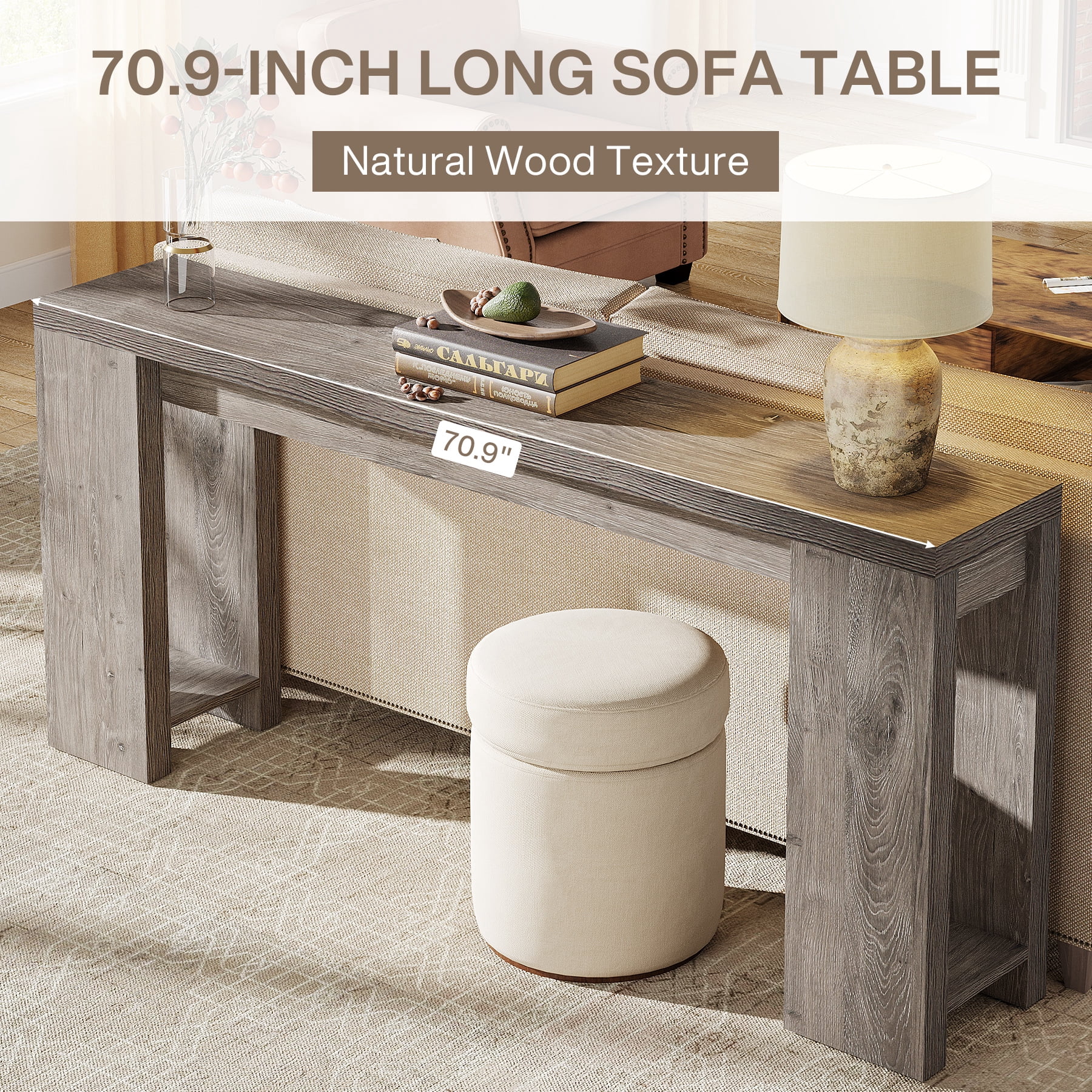 Finmind 71" Long Console Table, Narrow Light Grey Entryway Table Wood Sofa Table