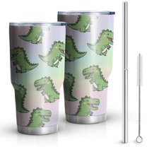 30oz Cute Green Dinosaurs Gradient Pattern Tumblers Stainless Steel Tumbler with Lid and Straw,Vacuum Insulated Double Wall Travel Tumbler Cups Mug with Cleaning Brush for Coffee,Tea