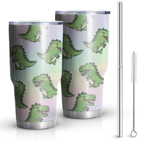 30oz Cute Green Dinosaurs Gradient Pattern Tumblers Stainless Steel Tumbler with Lid and Straw,Vacuum Insulated Double Wall Travel Tumbler Cups Mug with Cleaning Brush for Coffee,Tea