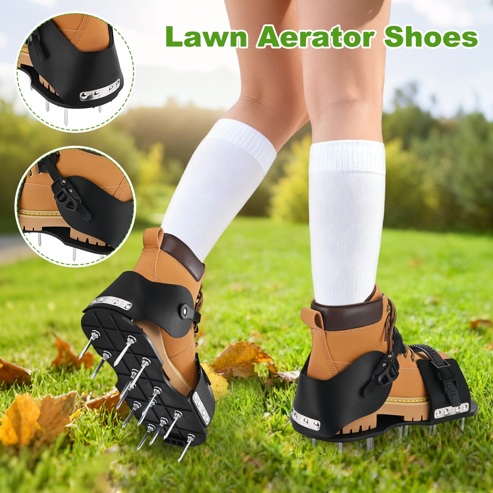 Uxcell 1-Set Lawn Aerator Shoes with Loop Strap and Hook Buckle with 26 Nails for Gardens [Black]