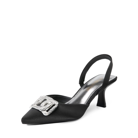 Women’s Rhinestone Buckle Pointed Toe Kitten Heels Satin Heeled Mules