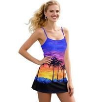 Yuyamidu Colorful Sunset Tennis Dresses for Women Size XS Coconut Tree Womens Athletic Dress Golf Workout Sports Sleeveless Mini Dress Built in Shorts with Pocket