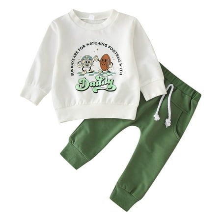 

Xiulive Toddler Boys Girls Long Sleeve Letter Cartoon Rugby Football Prints T Shirt Pullover Tops Pants Outfits Casual Soft Outfits