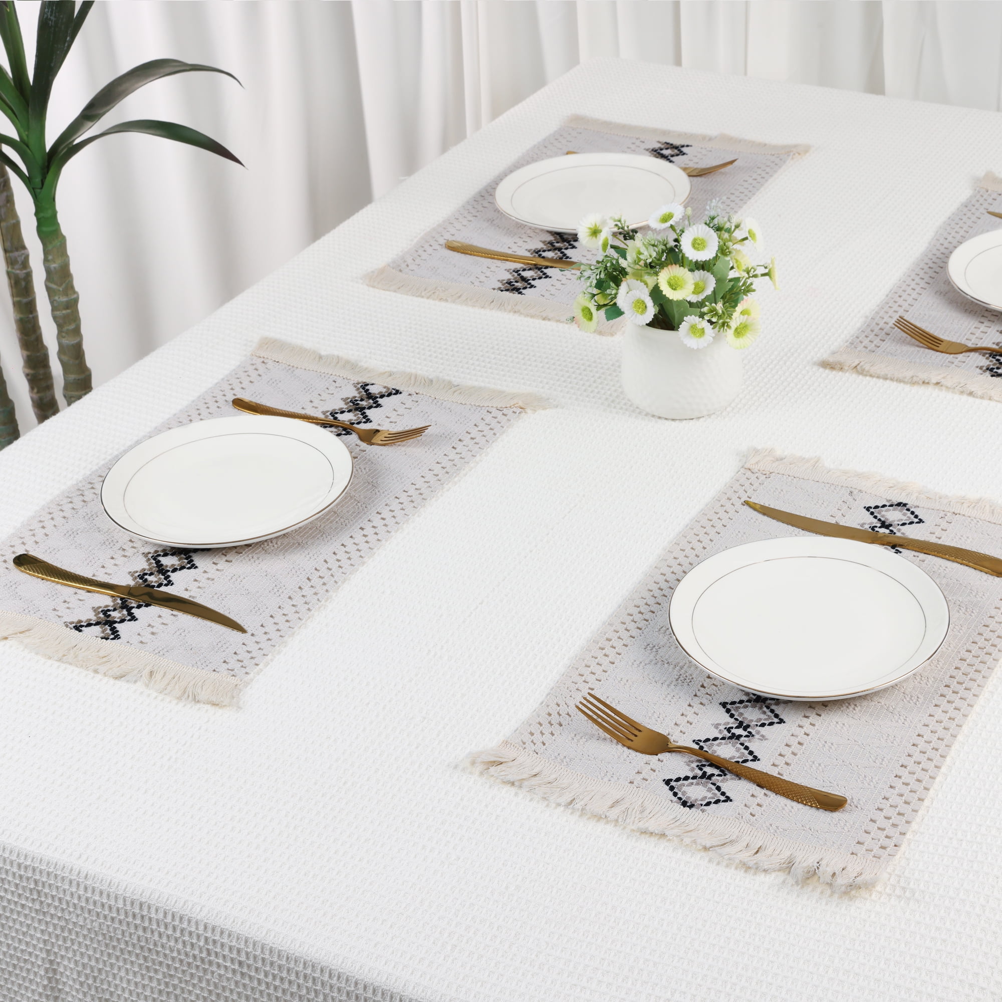 Unique Bargains Set of 4 Farmhouse Placemats for Dining Table Decor White-Black