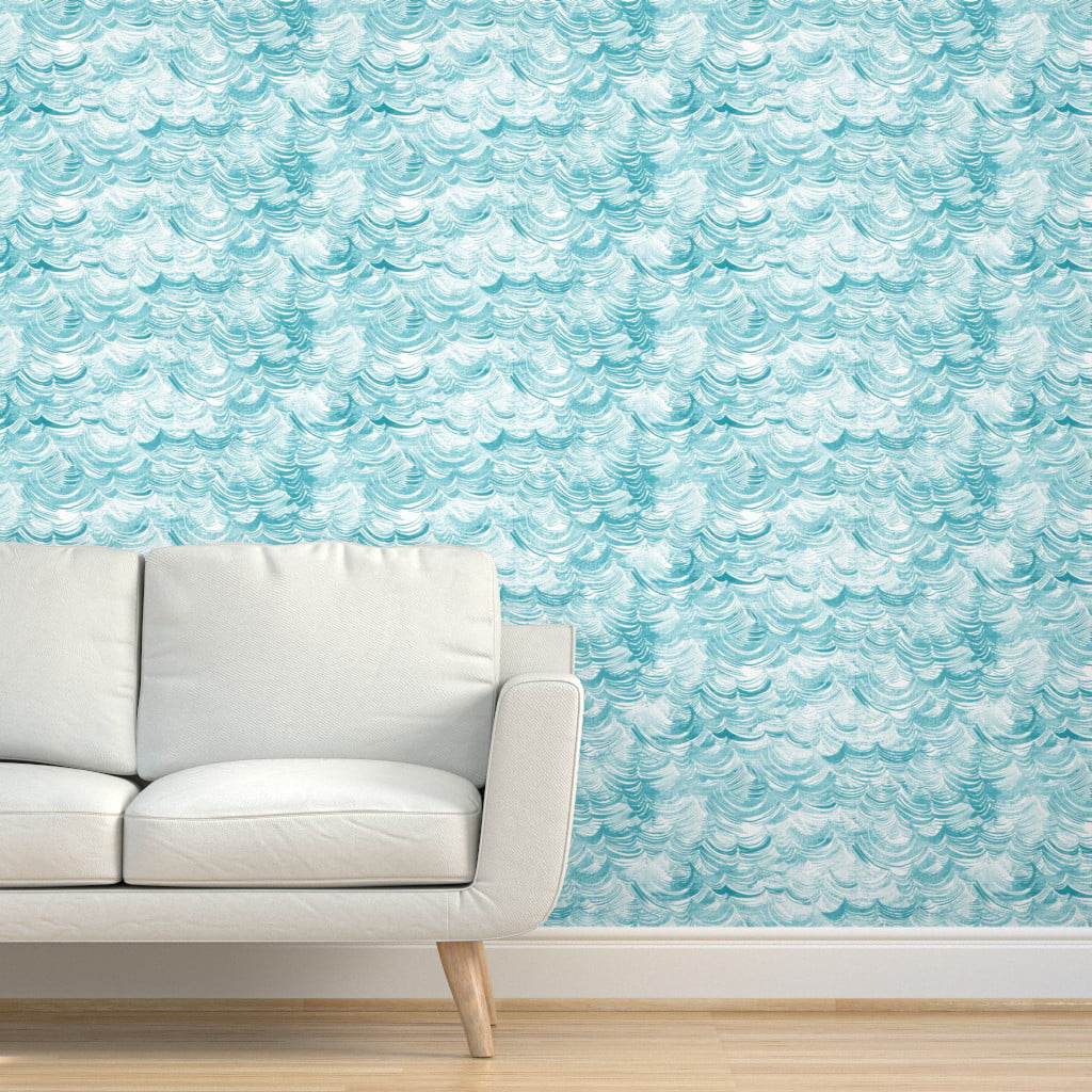 Removable Water-Activated Wallpaper Ocean Waves Nautical Aqua White Sea 