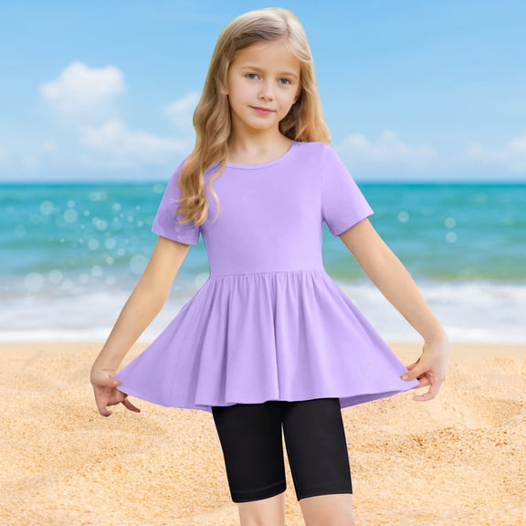 ITSAME Girls Crewneck Short Sleeve Ruffle Top and Legging Shorts Sets, Lightweight Summer Fashion Casual Outfit Sets 2-Piece Purple 12T
