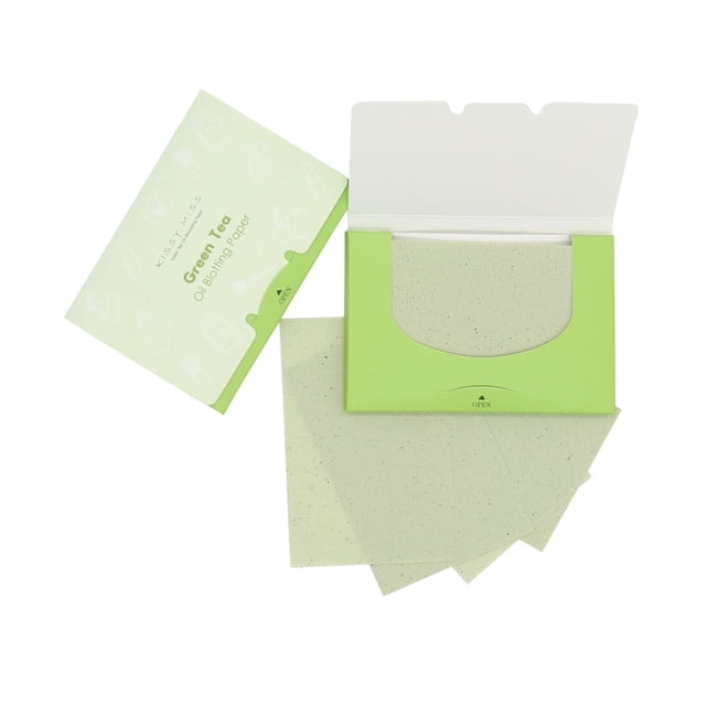 Papel absorbente facial con aroma a té verde, 100 hojas por paquete, control de grasa y frescura instantánea.