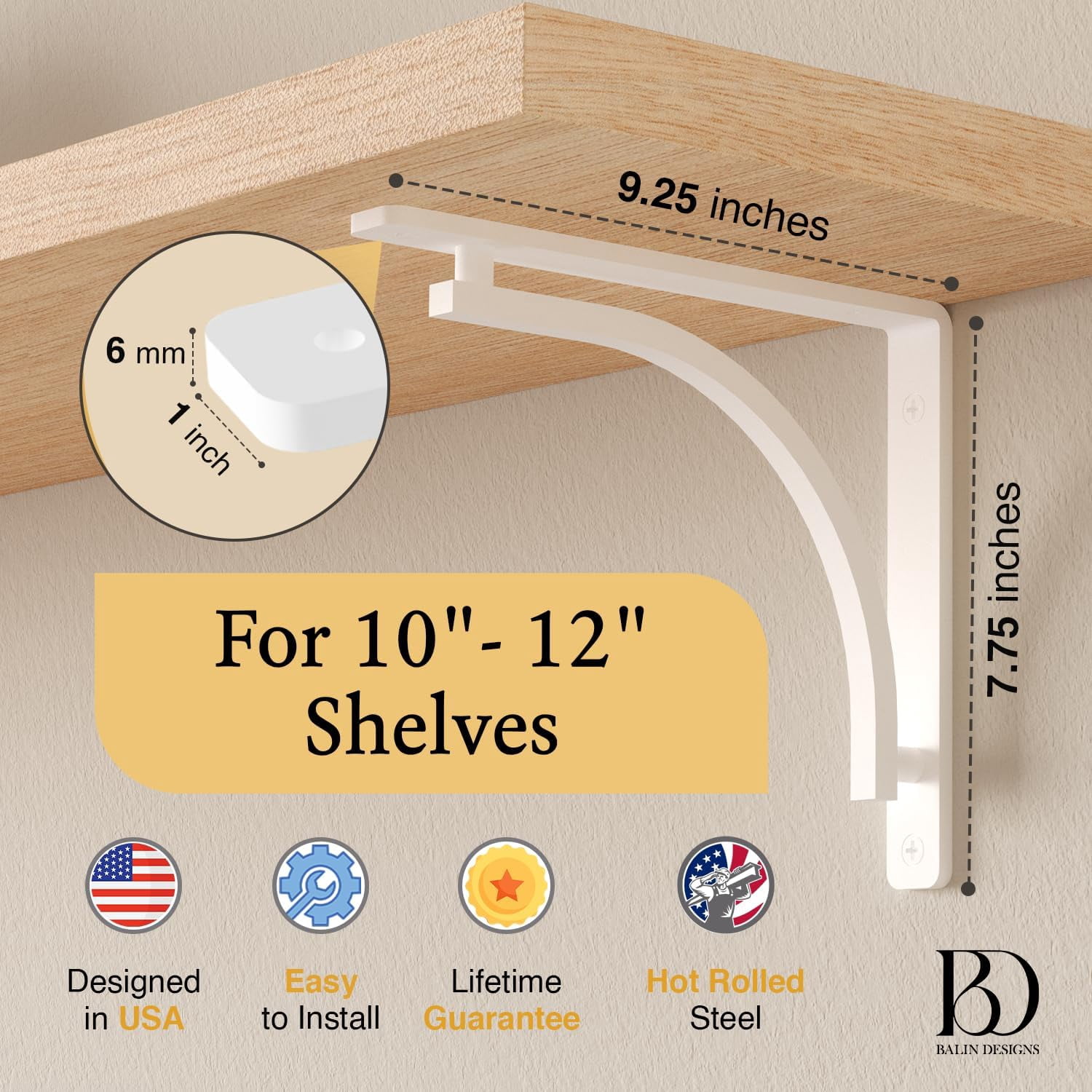 Classic Shelf Bracket Set by Balin Designs (White) for 10 inch - 12 inch Mantel Shelves L Brackets – Heavy Duty Decorative Metal Supports – Easy Installation with Hardware Included - Set of 4
