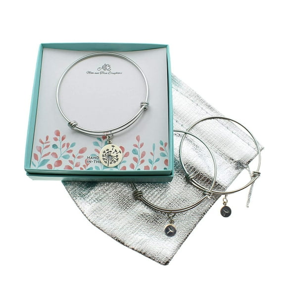 Mother Daughter and two daughters bangle bracelets in silver stainless steel with sterling silver dandelion charms. Mother, two daughters.