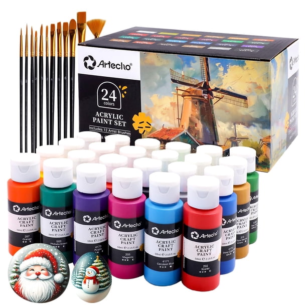 Set de pintura acrílica Artecho de 24 colores, 59 ml, con 12 pinceles