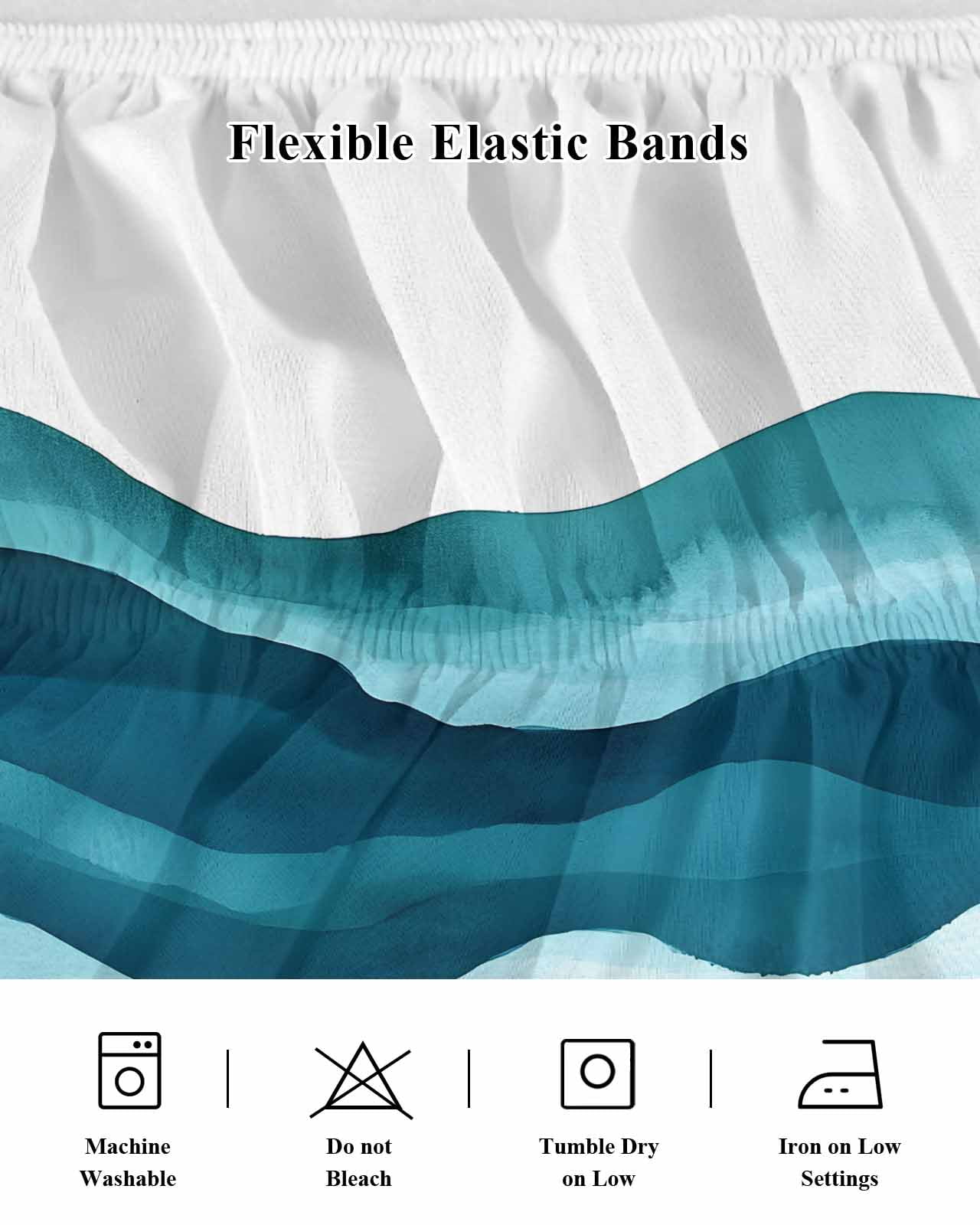 Teal Blue Bed Skirt Water Ripple Abstract Gradient Coean Waves Bed Skirts Queen Size 16 Inch Drop, Wrap Around Dust Ruffle&nbsp;Bedskirt with Adjustable Elastic Belt for Queen Size Beds