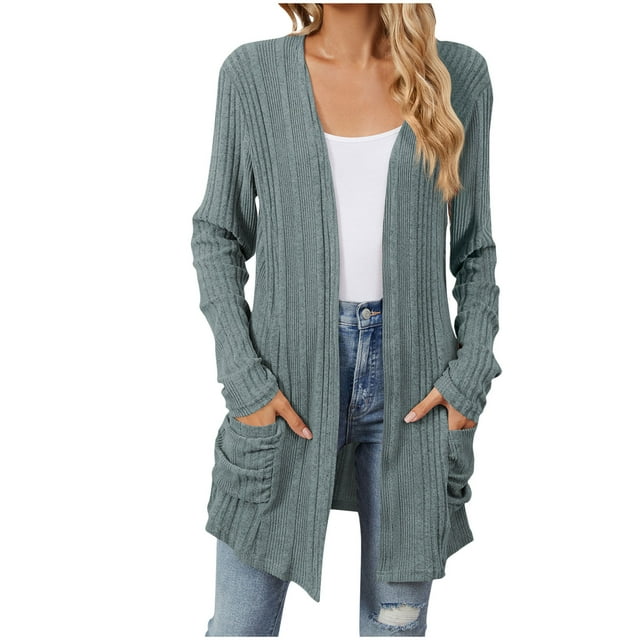 Timegard Cardigans pour Femmes, Côtelé, Manches Longues, Ouvert à l'Avant, Doux, Automne, Décontracté, Long Haut avec Poches