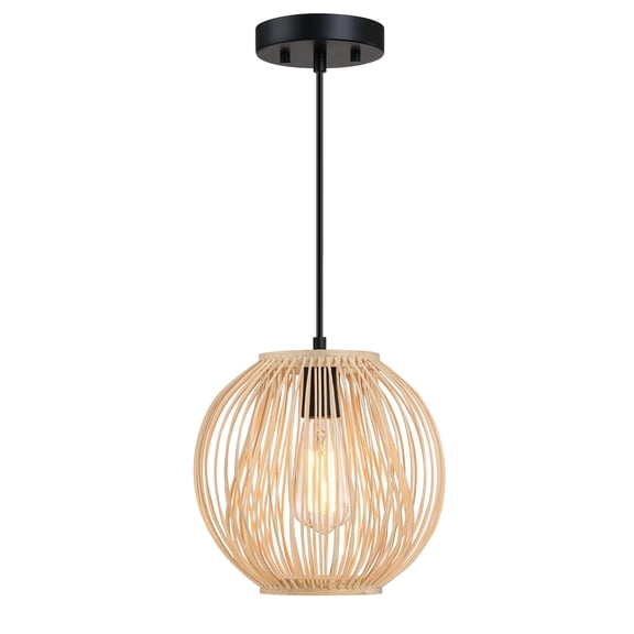 60 -Watt 1 Light Matte Black Shaded Pendant Light with Rattan Shade, No Bulbs Included