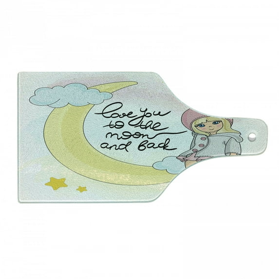Saying Cutting Board, Cartoonish Drawn Girl on Crescent Love You to the Moon and Back Typography, Decorative Tempered Glass Cutting and Serving Board, in 3 Sizes, by Ambesonne