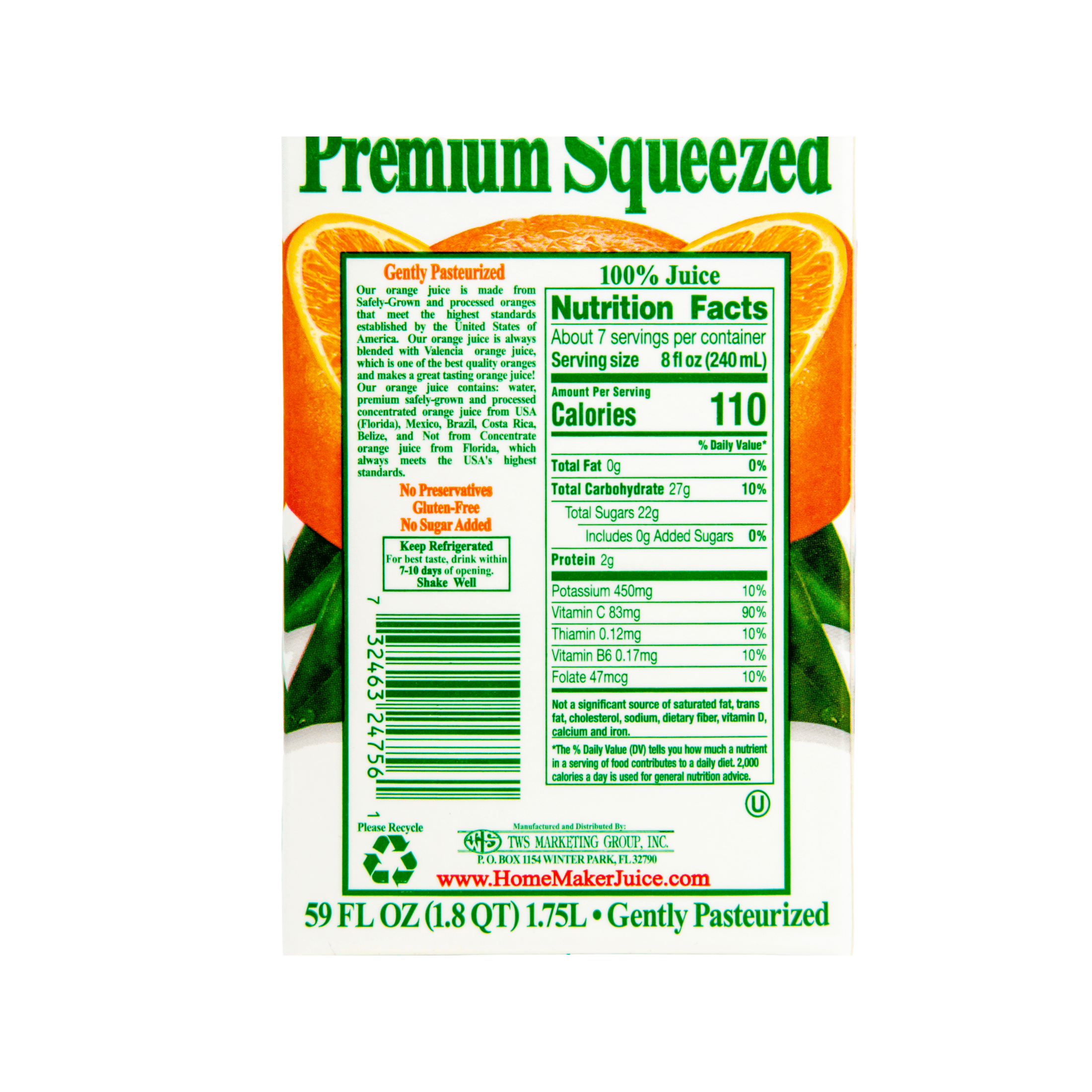 HomeMaker, Premium Squeezed Orange Juice with Pulp, Refrigerated 59 oz Carton Box