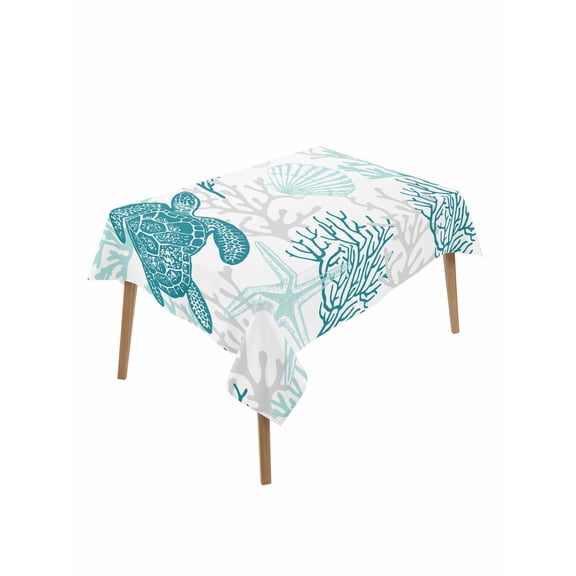 Turquoise Coastal Table Cloth, Sea Turtle Nautical Coral Summer Beach Waterproof Tablecloth for Rectangle Tables, Reusable Washable Fabric Table Cover for Restaurant Kitchen Dining Tables 60"x102"