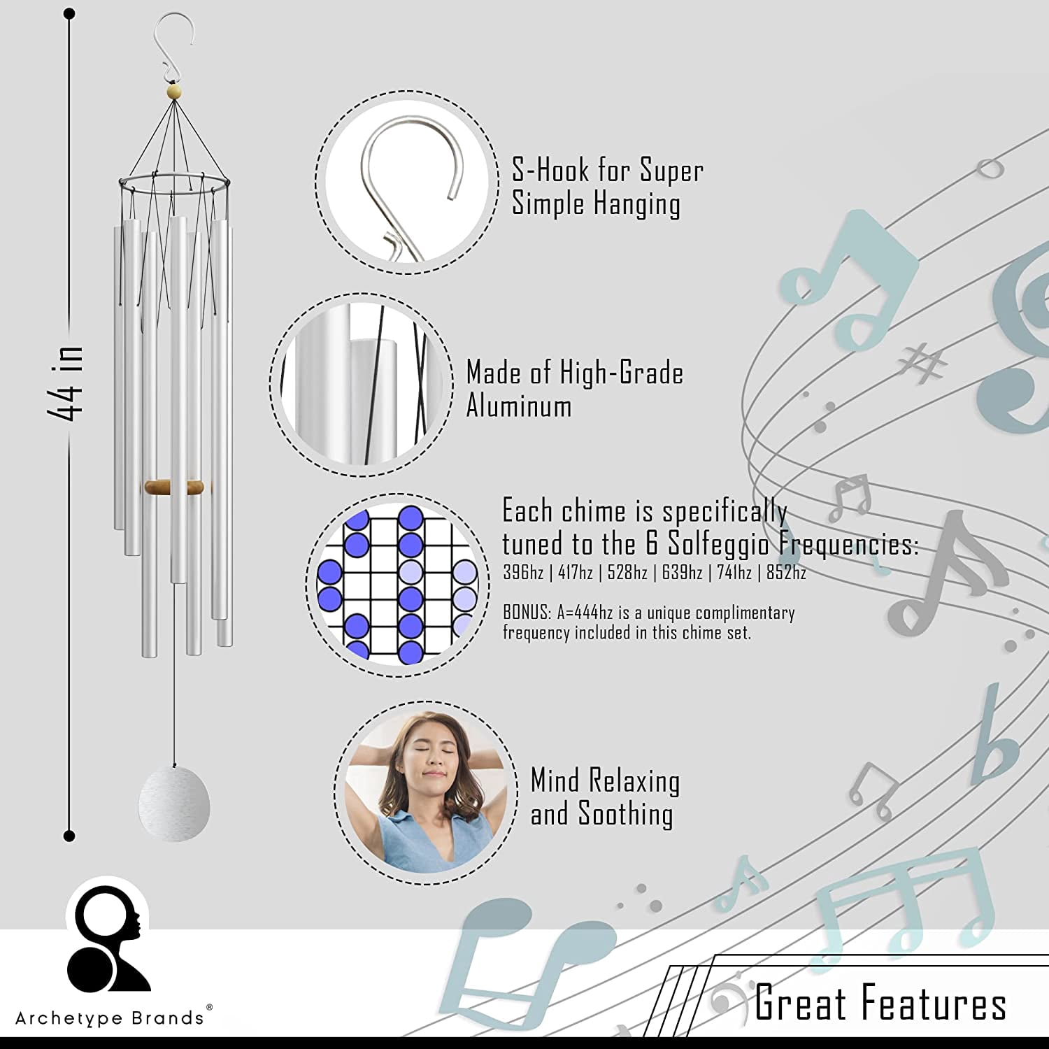 Solfeggio Wind Chimes 528hz Healing Tones Frequencies 44 inch Silver