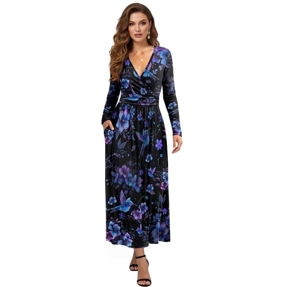 Tutolipy Hummingbird Flower Printed Midi Dresses for Women Long Sleeve A Line Dress V Neck Dress Wedding Guest Holiday Beach Long Dresses, XL