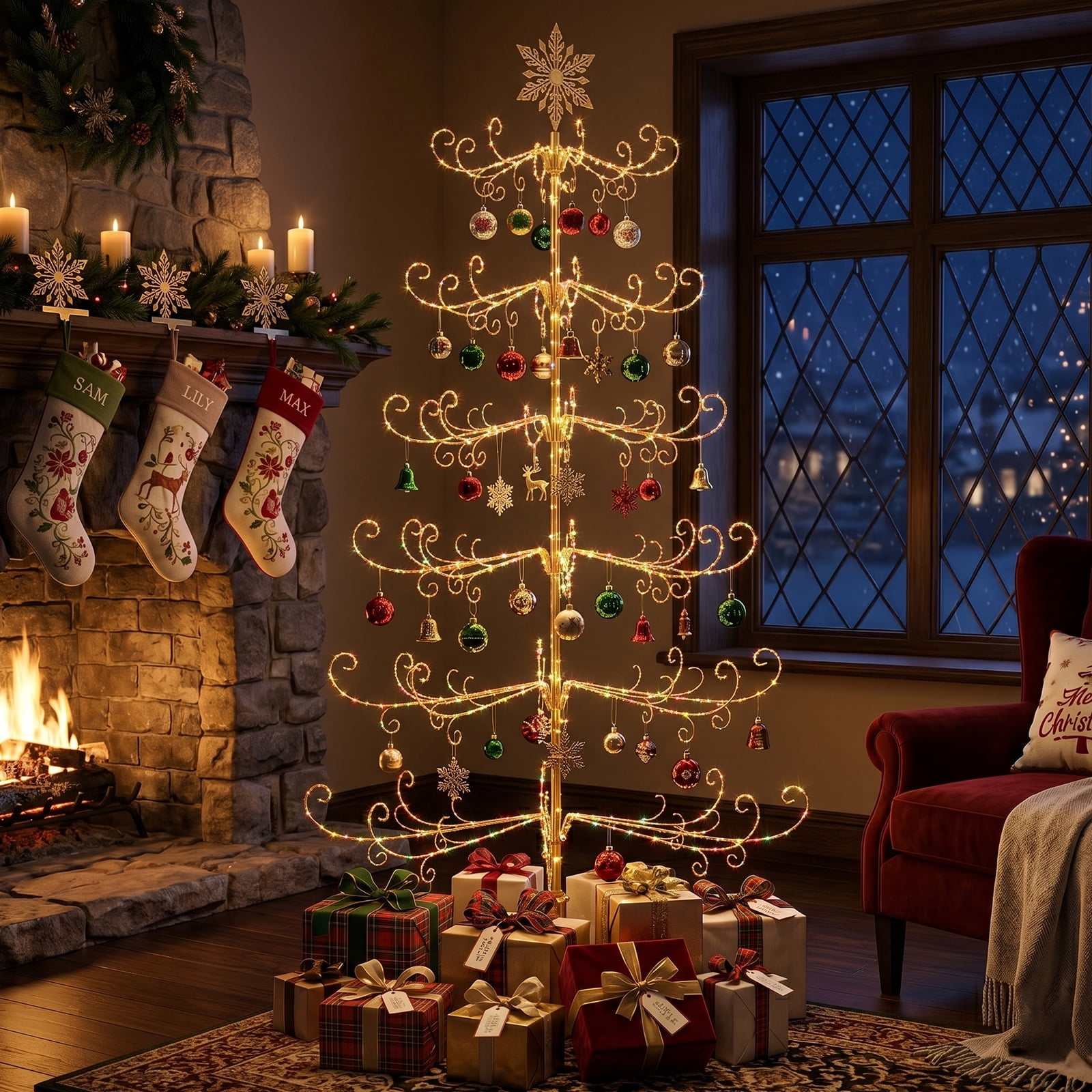 6ft Gold Iron Christmas Tree with Snowflake Top, PVC Everyday Decor Tree (No Accessories Included)