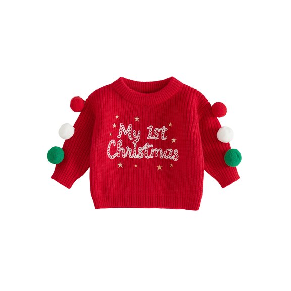 Cjfdfy TNewborn Baby Boy Girl Christmas Sweater My 1St Christmas Embroidery Long Sleeve Knitted Pullover With Colorful Fur Balls Cute Christmas Party Holiday Sweater Outfit 0-1Y