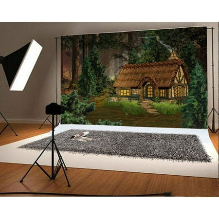 Image of Polyester 7x5ft Backdrop Fairy Tale Forest Cabin Photography Background Night Trees Green Grass Vine Wooden House Window Pharmacist Princess Enchante