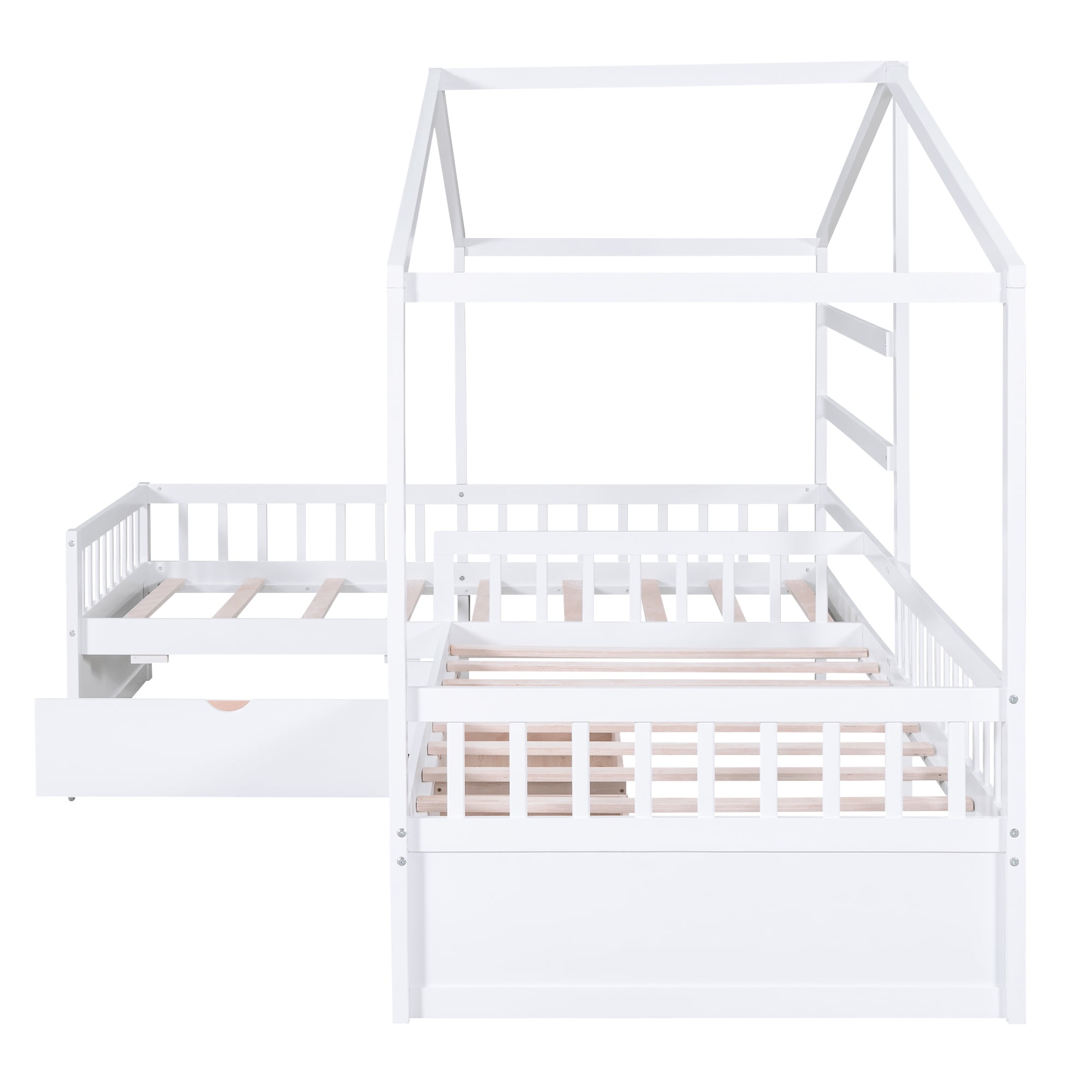 Bellemave House Bed Double Twin Beds, Wood L-Shape Twin Bed with 3 Storage Drawers, Montessori Bed with Roof and Fencefor Toddler Kids Girls Boys (White)
