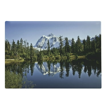 Landscape Cutting Board, Fall Colored Trees and Snowy Mountain Landscape with Crystal Lake Nature, Decorative Tempered Glass Cutting and Serving Board, Large Size, Green Blue White, by Ambesonne