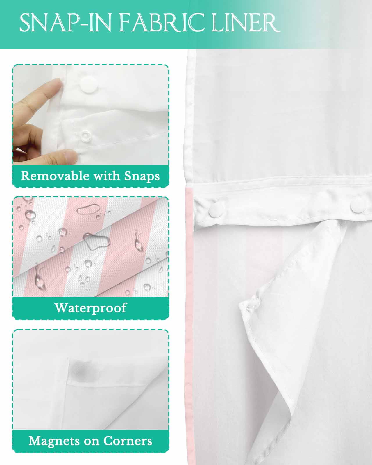 No Hook Shower Curtain with Snap in Liner, Pink and White Striped Geometric Hotel Shower Curtains for Bathroom, Washable Shower Curtain Liner Set with Mesh Top Window, 72"x72"