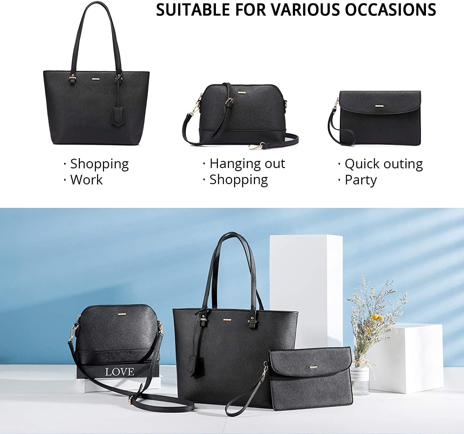 Lovevook Purses and Handbags for Women, Fashion Tote Satchel Shoulder Bag,Top Handle Satchel Bags Purse Set- 3pcs & Black