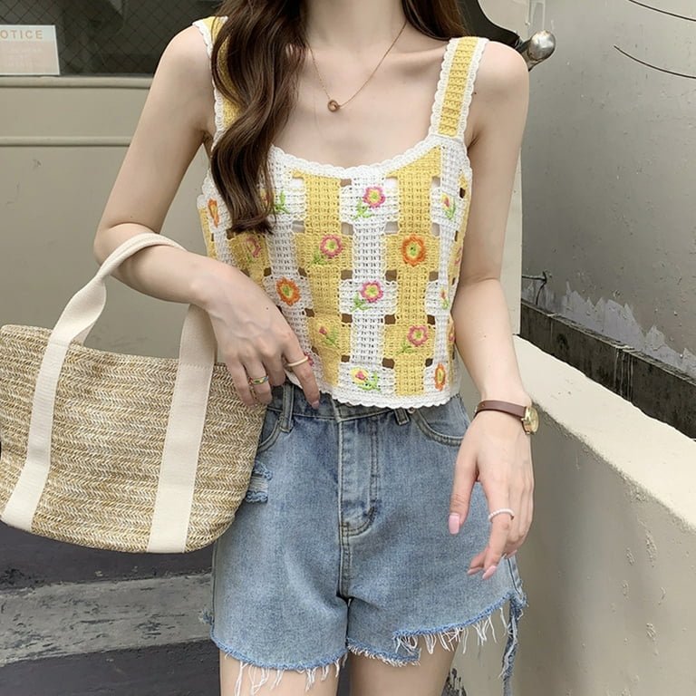Women Hollow Crochet Knit Crop Tank Top Contrast Color Woven Plaid