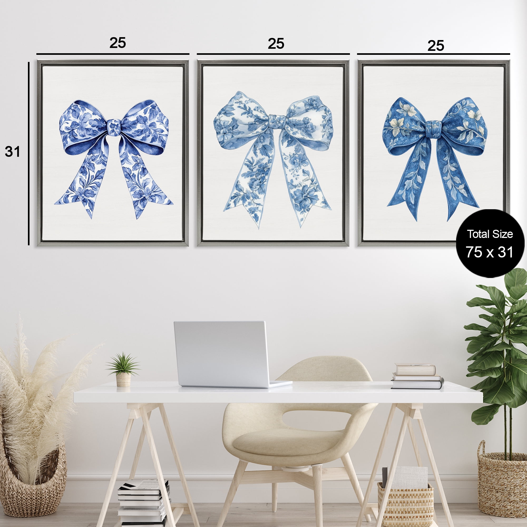 Vintage Toile Pattern Bows 3 Piece Gray Framed Floater Canvas Set, design by Lettered and Lined
