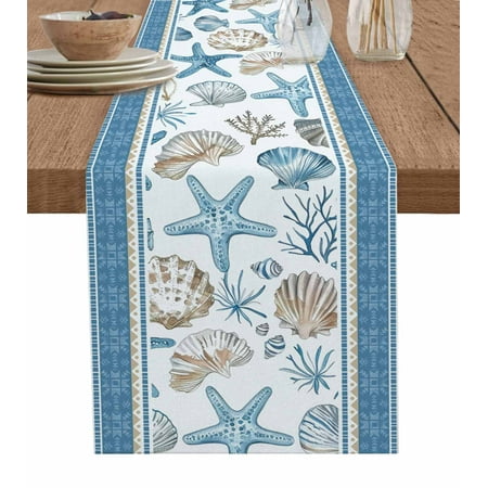 

Blue Coastal Nautical Table Runner Summer Beach Starfish Shell Coral Tablerunners 13 x 60 Inch Table Decorations Tabletop Scarf for Summer Gathering Holiday Farmhouse Kitchen Dining Decor